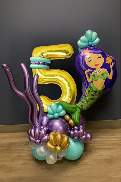 PARTİAVM 5 Years Old Mermaid Tail Seashell 76cm Gold Gold Number Balloon Mermaid Mermaid Concept