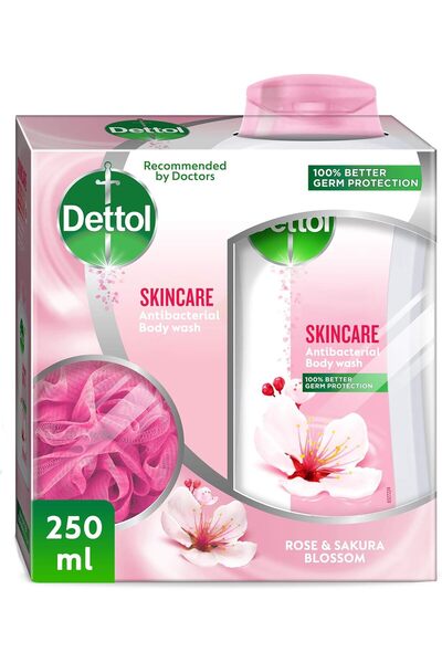Dettol ديتول غسول جسم للعناية بالبشرة بالورد وزهر الساكورا مع ليفة - 250 مل