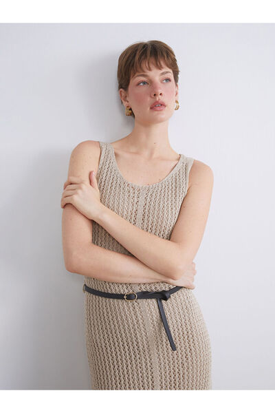 LC Waikiki Brown U-Neck Openwork Dress with Belt