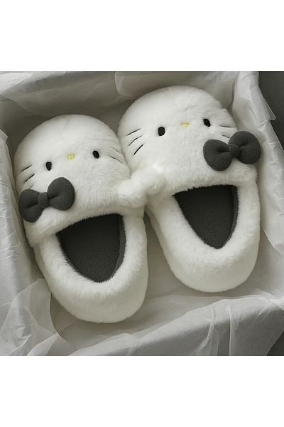 weywot Gray Hello Kitty Soft Furry Plush Slippers