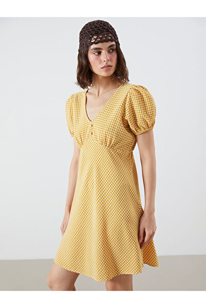 LC Waikiki Sari Balon Kollu Ekose Belden Oturtmalı Mini Elbise