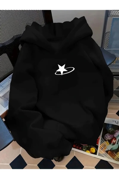 FUFLUNS سويت شيرت بقلنسوة كبير الحجم مطبوع عليه نجمة للجنسين