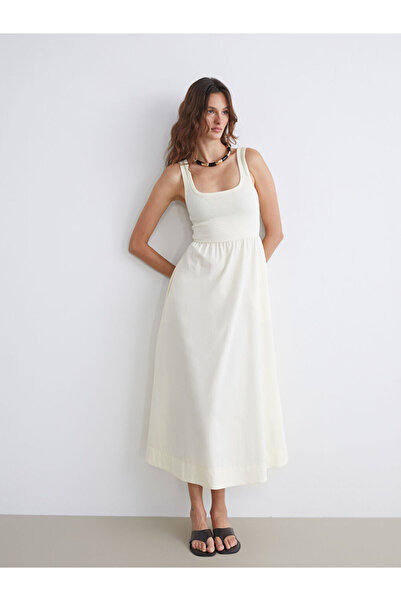 LC Waikiki Yellow Square Neck Textured Waist Fitted Dress