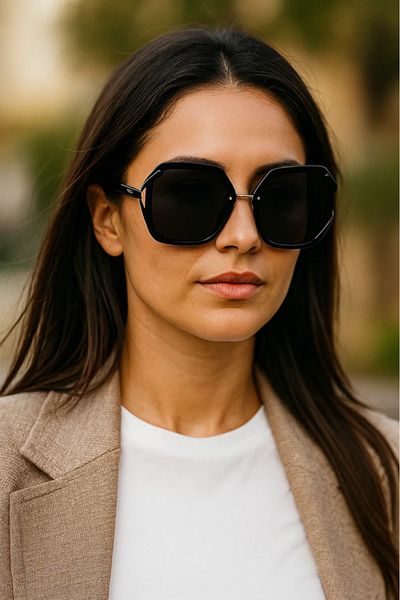 LAALUNA Oversized Black Square Sunglasses with Dark Lenses and Gold Detailing
