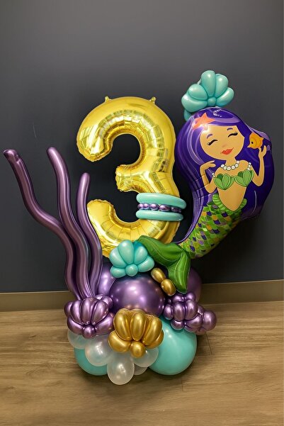PARTİAVM 3 Years Old Mermaid Tail Seashell 76cm Gold Gold Number Balloon Mermaid Mermaid Concept