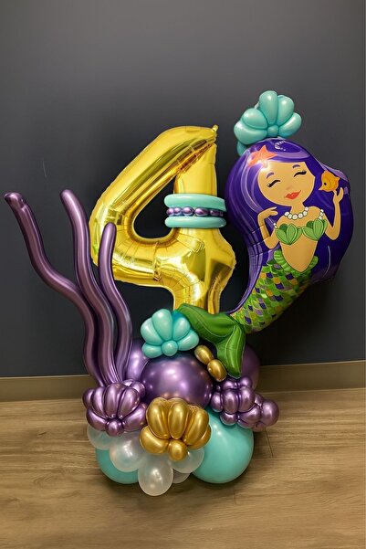 PARTİAVM 4 Years Old Mermaid Tail Seashell 76cm Gold Gold Number Balloon Mermaid Mermaid Concept