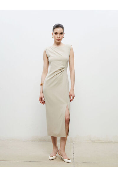 LC Waikiki New Season from Güli̇s Gi̇yi̇m Beige Crew Neck Shirred Dress