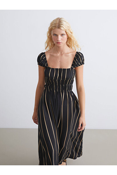 LC Waikiki Black Square Neck Striped Dress