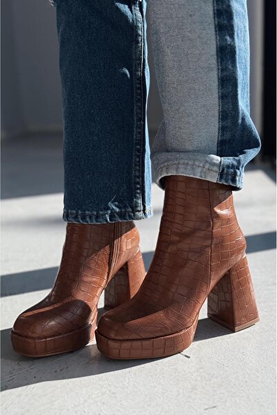 I Love Shoes Rivoks Mat Deri Desenli Platform Topuklu Bot Taba