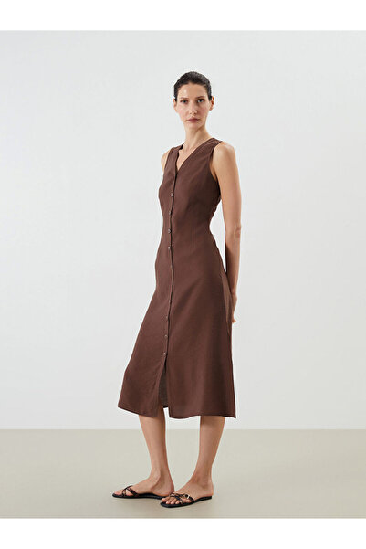 LC Waikiki Brown V-Neck A-Line Modal Blend Dress
