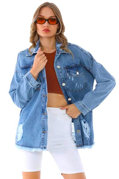 FashionForYou Sharin denim shirt, long cut, symmetrical and wide perforations, Blue, L