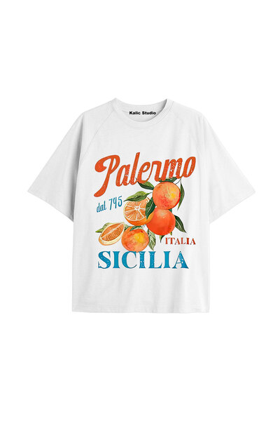 Kalic Studio تيشيرت باليرمو سيسيليا كبير الحجم للجنسين باللون الأبيض