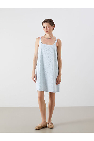 LC Waikiki Indigo Square Neckline Stoned Strap A-Line Mini Jean Dress