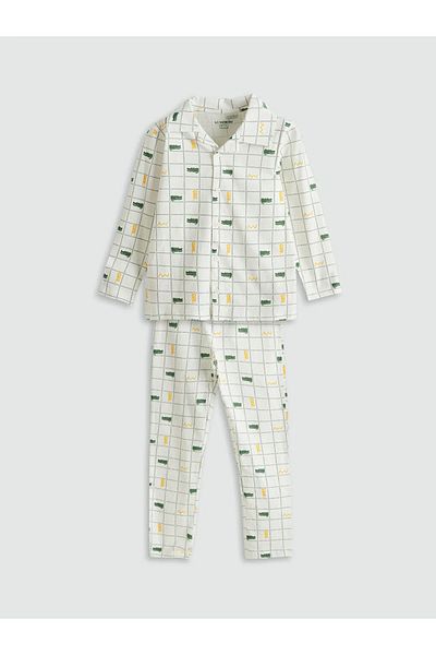 LC Waikiki Ecru Shirt Collar Plaid Patterned Long Sleeve Boys Pajama Set