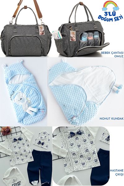 Allmart 3-Piece Birth Set (Snap Fastener Chickpea Swaddle, Functional Baby Care Bag and 100% Cotton Hospital Release)