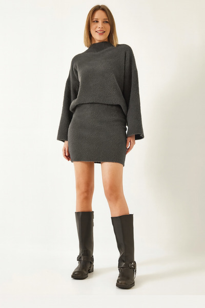 NATUFIAN STORE Women's Anthracite Glitter Soft Textured Oversize Skirt Knitwear Set