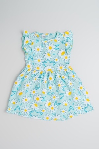 İDO - Dress with A-line cut, floral pattern and ruffled sleeves, White, Mint Green, 110 CM