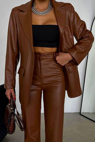 FashionForYou TheOne elegant suit, made of -leather, flared pants and jacket, Brown, M/L