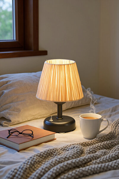 PearlHome Design Wireless Wicker-Raffia Table Lamp – Black, Decorative Led Lampshade