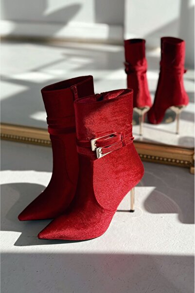 I Love Shoes Calindo Kadife Toka Detaylı Kırmızı Kadın Topuklu Bot