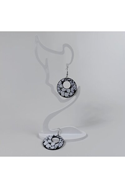 TERARYUM SEPETİM 3D Design Black and White Flower Hoop Earrings