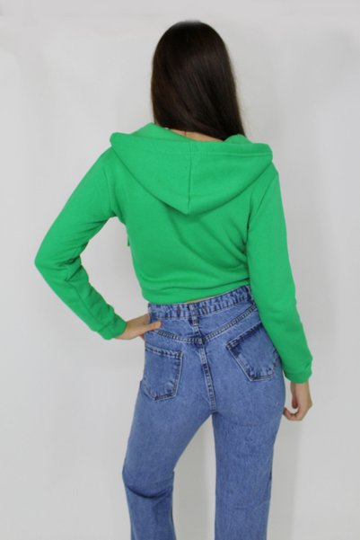 FashionForYou Hanorac scurt Adele, cu fermoar, buzunare si gluga cu snur, Verde