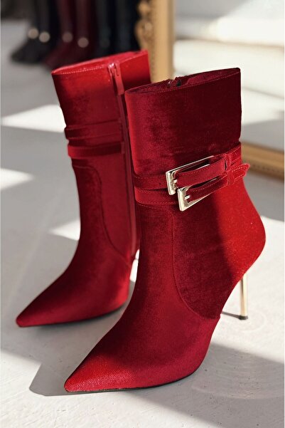 I Love Shoes Calindo Kadife Toka Detaylı Kırmızı Kadın Topuklu Bot