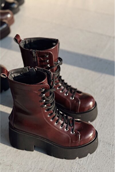 I Love Shoes Geselon Mat Deri Kalın Taban Bağcıklı Fermuarlı Bordo Kadın Bot