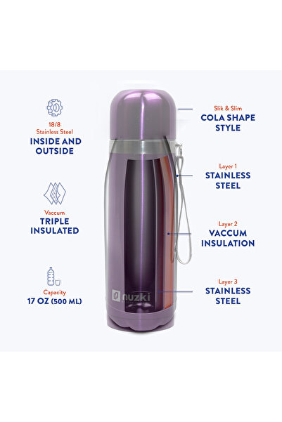 nuzki Stainless Steel Water Bottle 500ml Steel Vacuum Insulated Flask Black Color