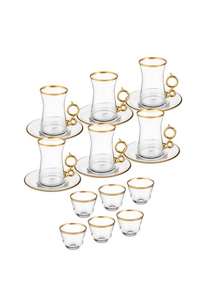 Byblos 18-piece clear glass tea set with gold line and gold metal handle, consisting of 6 cups + 6 saucers + 6 coffee pots