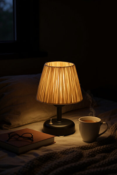 PearlHome Design Wireless Wicker-Raffia Table Lamp – Black, Decorative Led Lampshade