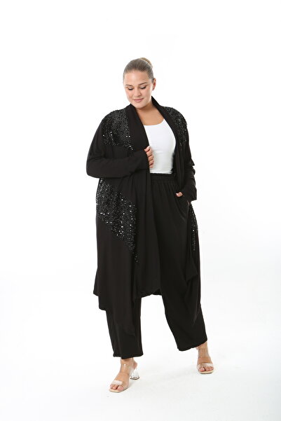 XL Modam KADIN LİKRALI VİSKON SİYAH PUL DETAYLI BÜYÜK BEDEN HIRKA