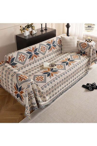 Generic KYD Nordic Style 3-Seater Sofa Slipcover - Reversible Knitted Couch Cover with Tassels, Soft & Wash