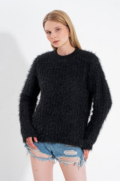NATUFIAN STORE Women's Black Shiny Soft Oversize Basic Crew Neck Knitwear Sweater
