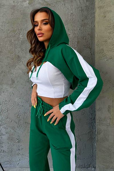 FashionForYou Bold Comfort three-piece tracksuit, cropped sweatshirt, matching top and side-stripe pants, Green, S