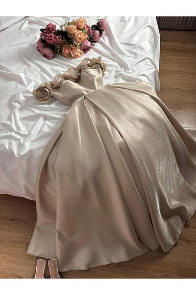 leevan fashion Beige midi dress with floral bodice