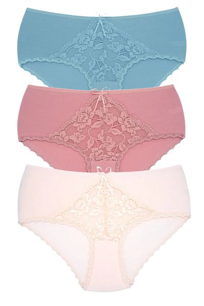 Bleu Petite 3-Piece Assortment Color Cotton Lace Detailed High Waist Large Size Women's Panties