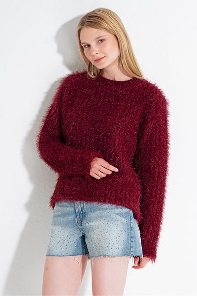 NATUFIAN STORE Women's Burgundy Glitter Soft Oversize Basic Crew Neck Knitwear Sweater