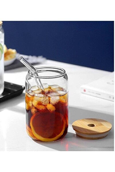 Generic Glass Cups with Bamboo Lids and Glass Straw Drinking Glasses 500ML