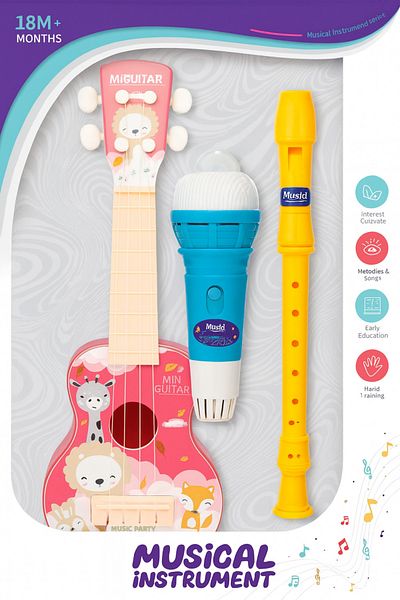 DmarQa Kids 3-in-1 Musical Instrument Set – Mini Guitar, Microphone & Recorder Flute