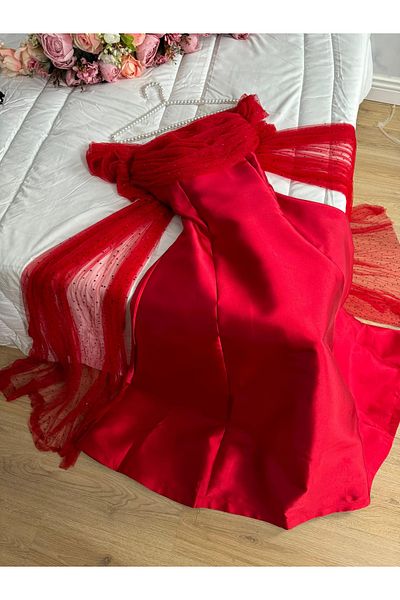 leevan fashion Long red Mikado evening dress