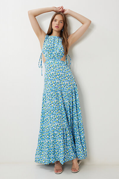 Lovelyİstanbul Καλοκαιρινό φόρεμα βισκόζης με μοτίβο LFG0062 ΜΠΛΕ ΠΡΑΣΙΝΟ