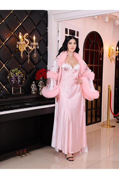 Limas lingerie Floral Pattern Feather Detailed 2-Piece Long Satin Dressing Gown