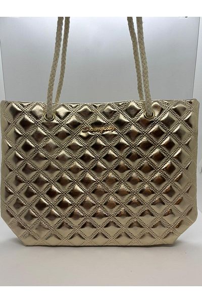 Vera Food Women's Stylish Shoulder Bag Quilted Embroidered Golden Yellow Daily Bag