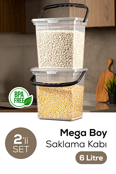 Saatistan 2'li Kare Saklama Kabı, 6 Litre, Kulplu, Şeffaf, Un ve Bakliyat İçin Ideal