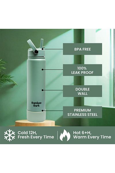 Bamboo Bark 750 ML Insulated Water Bottle with Sipper Lid – Double Wall Vacuum Flask for Hot & Cold Water