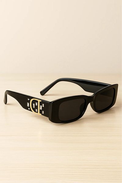LAALUNA Black Rectangle Sunglasses with Gold and Crystal Side Accents