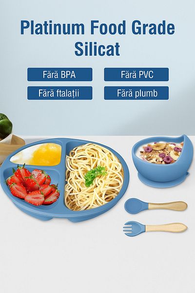 Brivoo® Silicone baby diversification set, Brivoo®, plate with suction cup, bowl, Light blue gray