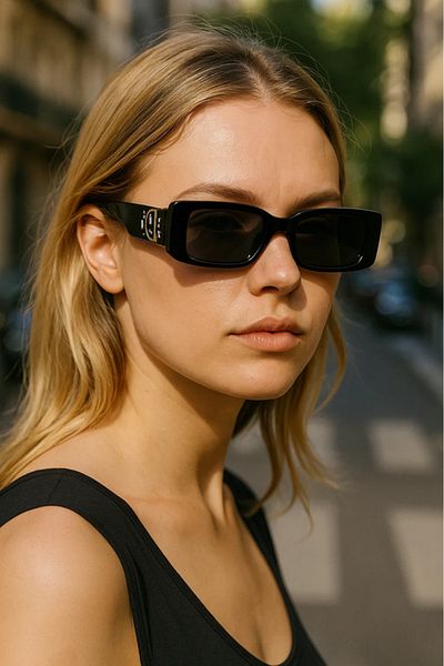 LAALUNA Black Rectangle Sunglasses with Gold and Crystal Side Accents