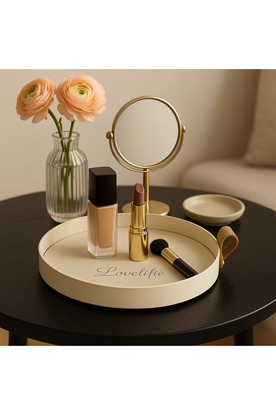 Fiyakalı Ürünler Atölyesi Cream Color Metal Presentation Tray, Makeup Organizer, Jewelry, Bathroom Objects Collection Tray, Leather Based